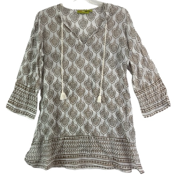 Rock paper flower tan Tibetan sheer tunic beach cover up. Size medium - Picture 1 of 7